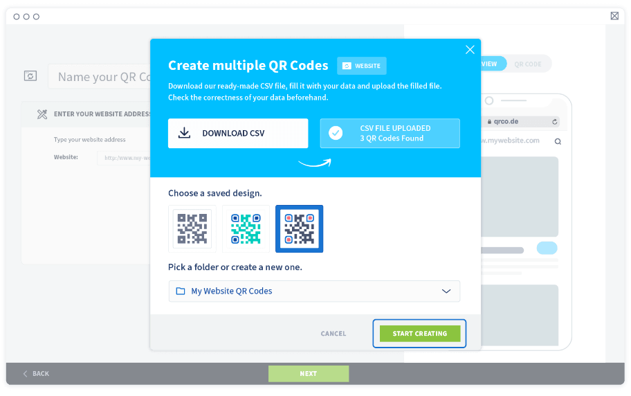 Select Start creating to generate all the Dynamic URL QR Codes in one go