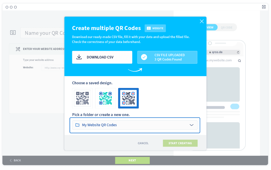 If there are no warning errors, proceed with selecting a saved QR Code design and a folder to store the new QR Codes in