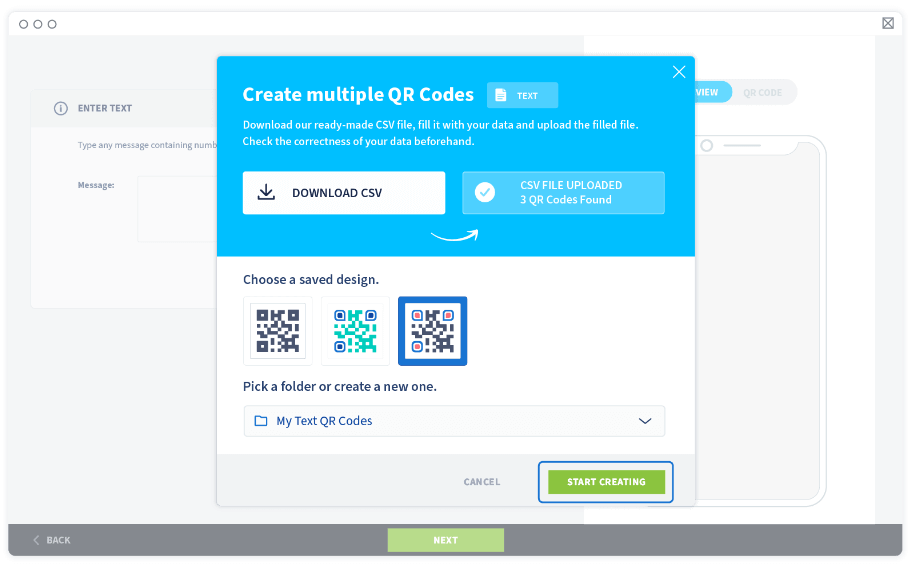 Select Start creating to generate all the Plain Text QR Codes in one go