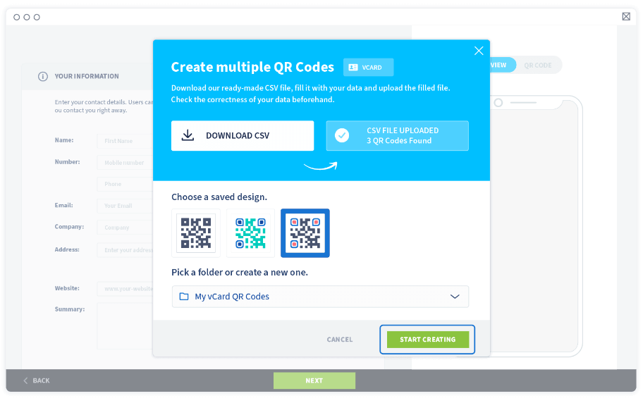 Select Start creating to generate all the vCard QR Codes in one go