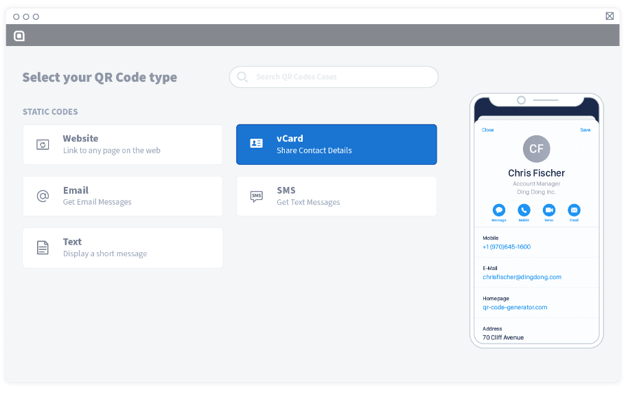 Under Static Codes, choose vCard