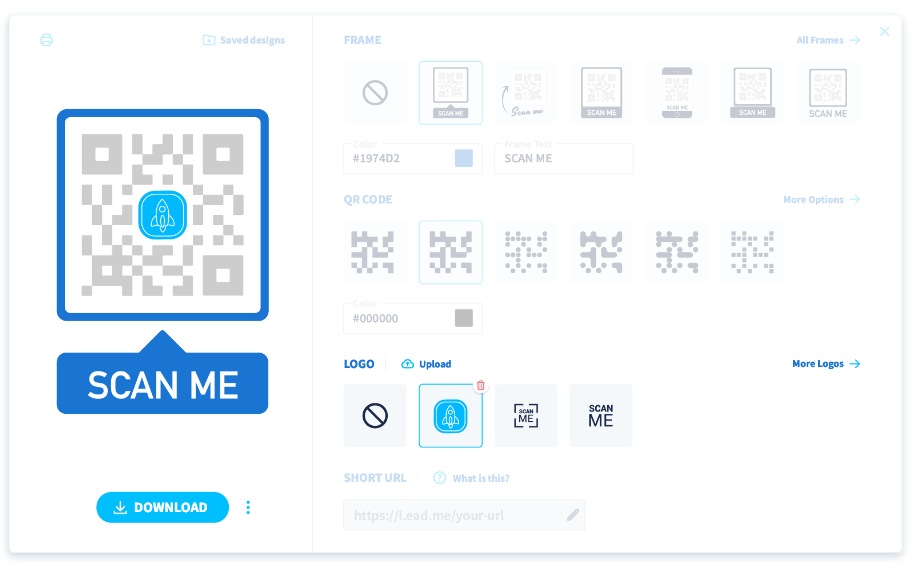 QR Code design options allow you to upload your own logo.