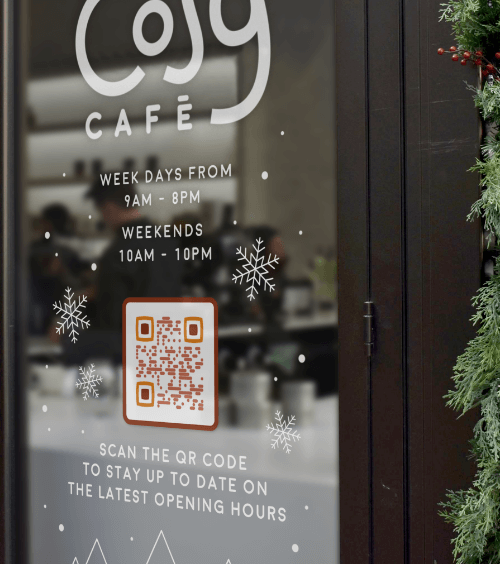 QR Code on cafe window to connect customers with their special holiday opening times.