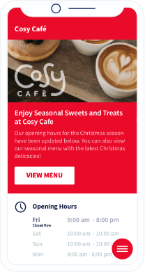 QR Code landing page displaying a cafe's seasonal treats and holiday hours.