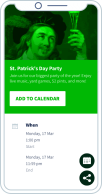 St. Patrick's Day Party event information on a mobile-friendly landing page.