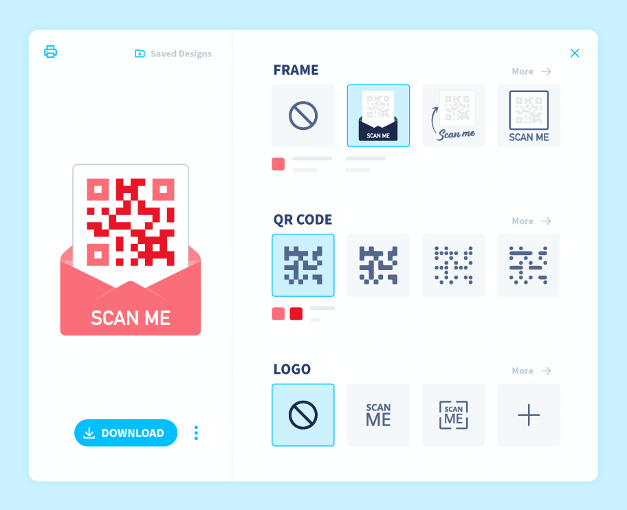 The menu in QR Code Generator that allows the user to customize their QR Code with frames, patterns, and logos.