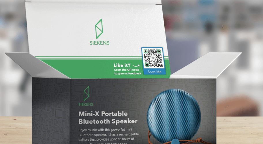 The packaging for a bluetooth speaker that includes a Feedback QR Code.