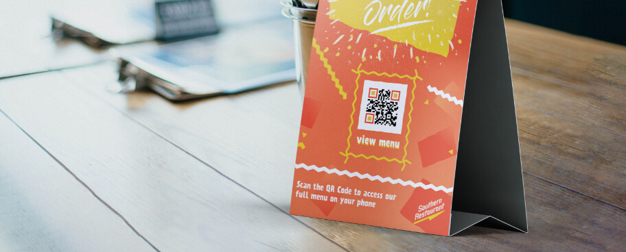 QR Code for restaurant menu idea on a table tent