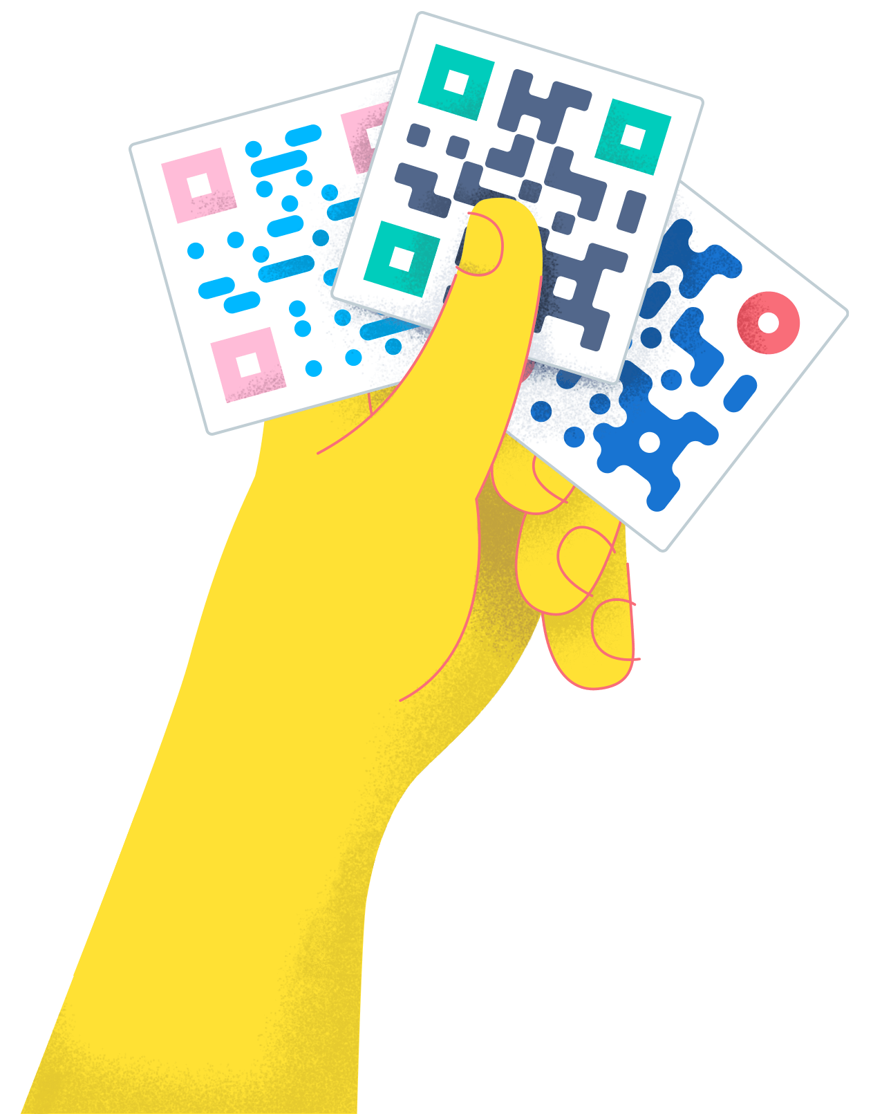 An illustration of a hand holding three custom QR Codes